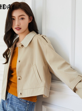 highday轩日2025春秋新款翻领短款风衣女法式长袖拼接宽松外套ins