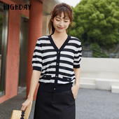 V领黑白条纹短袖 小衫 女chic上衣薄款 highday轩日夏款 针织开衫 外套