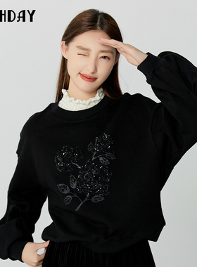 highday轩日2025春秋新款圆领黑色上衣女甜美落肩长袖亮片卫衣ins