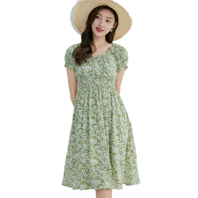 轩日V领木耳边碎花连衣裙