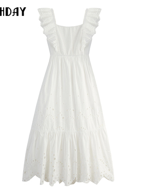highday轩日2023夏季新款白色背心裙女花边收腰连衣裙LQ05AE32622