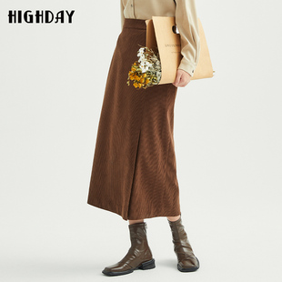 highday轩日冬季 高腰a字裙灯芯绒长裙女美拉德色系开叉过膝半身裙