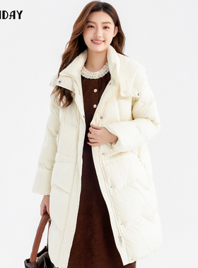 highday轩日2024冬季新款连帽白鸭绒外套女宽松白色中长款羽绒服