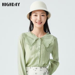 女纯色捏褶长袖 双层领纯色衬衫 衬衣chic 新款 highday轩日2026春季