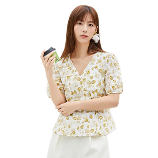 highday轩日夏季V领肌理感泡泡袖衬衣女洋气修身印花短袖上衣chic