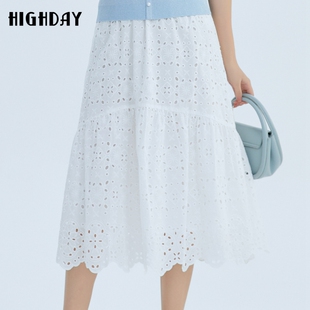 highday轩日2024夏季 高腰半身裙女小众镂空白色中长裙a字伞裙 新款