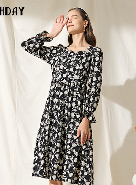 highday轩日2022春秋收腰碎花女裙新款长袖气质小众连衣裙过膝裙