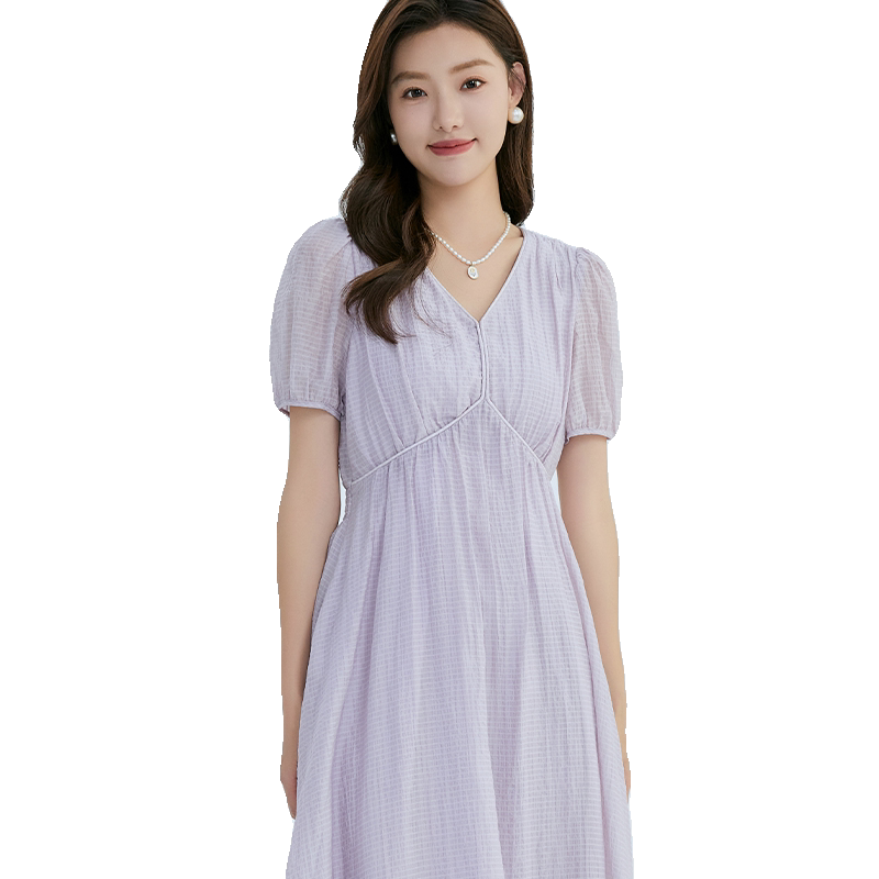轩日2026夏装商场款V领温柔香芋紫女裙新款高腰显瘦泡泡袖连衣裙