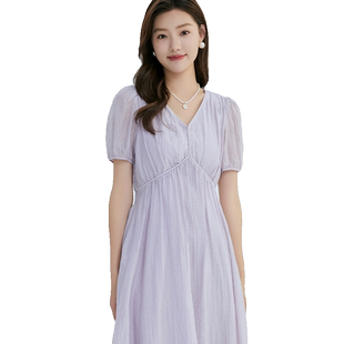 轩日2026夏装商场款V领温柔香芋紫女裙新款高腰显瘦泡泡袖连衣裙