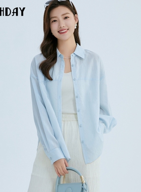 highday轩日2024夏季新款宽松微透衬衫女商场浅蓝落肩长袖衬衣ins