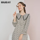 highday轩日大翻领系带气质收腰印花女裙优雅长袖 碎花修身 连衣裙