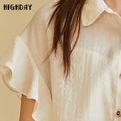 highday轩日夏装 女甜美翻领荷叶边白色chic衬衫 落肩宽松法式 小衫