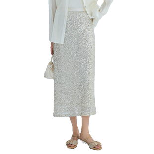 highday轩日24夏装新款高腰半身裙女商场款开叉亮片bling半裙长裙