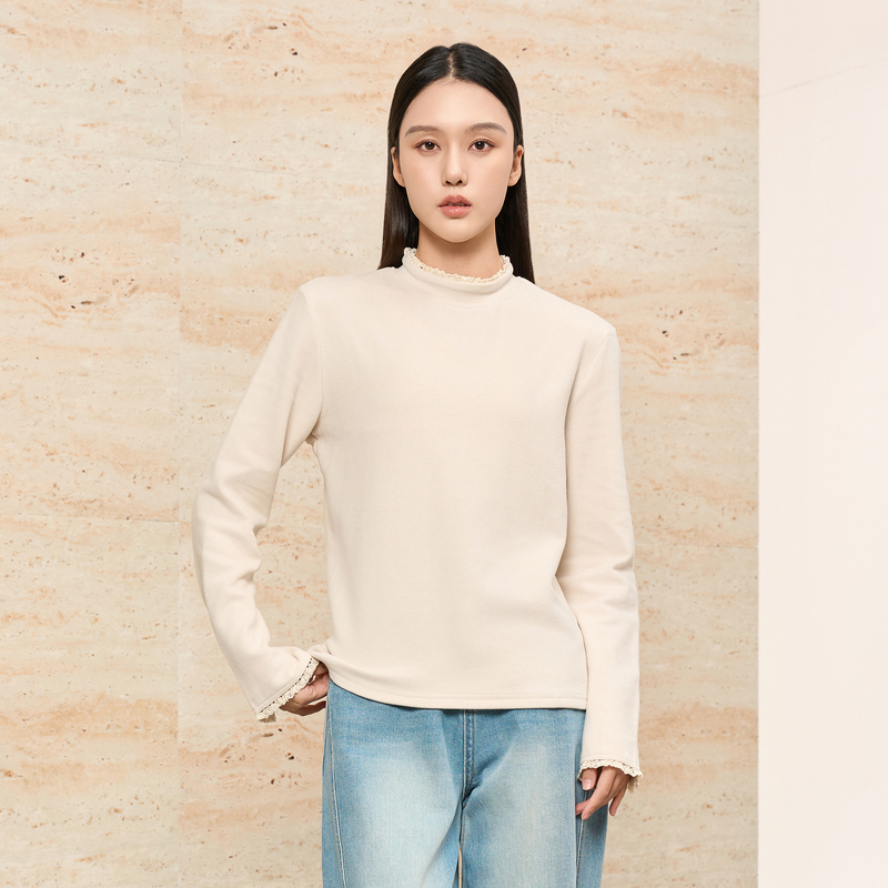 HIGHDAY轩日蕾丝拼接T恤2025冬季新品圆领宽松显瘦百搭上衣女