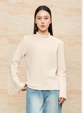 HIGHDAY轩日蕾丝拼接T恤2025冬季新品圆领宽松显瘦百搭上衣女