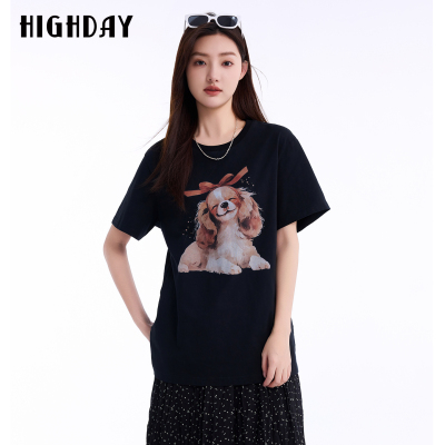 HIGHDAY轩日2026夏新款纯棉黑色T恤女印花图案休闲百搭宽松短袖