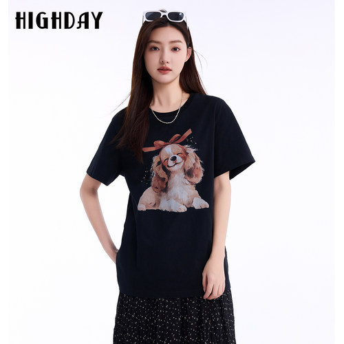 HIGHDAY轩日2026夏新款纯棉黑色T恤女印花图案休闲百搭宽松短袖