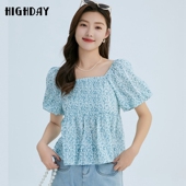 短袖 highday轩日2024夏新款 小方领捏褶上衣女宽松碎花娃娃衫 衬衣