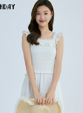 轩日2026夏装新款修身白色花边背心裙女商场同款简约无袖连衣裙潮