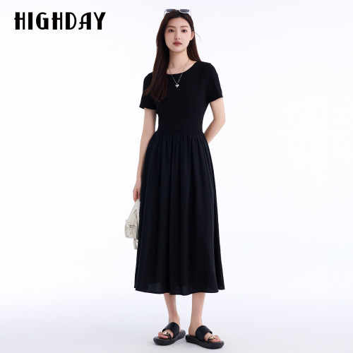 HIGHDAY轩日2026夏新款黑色短袖收腰连衣裙女气质显瘦中长款A字裙
