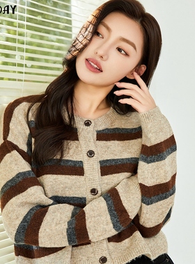 highday轩日2024冬季新款复古针织外套女撞色条纹圆领长袖开衫ins