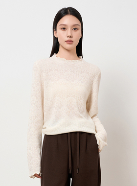 HIGHDAY轩日蕾丝花纹针织衫2025冬季甜美木耳边上衣宽松显瘦内搭