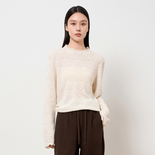 HIGHDAY轩日蕾丝花纹针织衫2025冬季甜美木耳边上衣宽松显瘦内搭