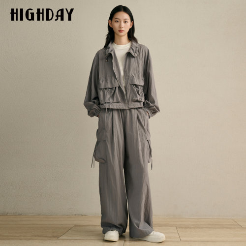 HIGHDAY轩日工装侧袋阔腿裤女2026秋抽绳褶皱垂感直筒拖地长裤