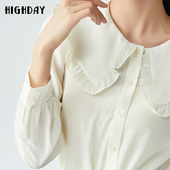 highday轩日2025春秋新款 娃娃领衬衫 女木耳花边打底衬衣白色上衣