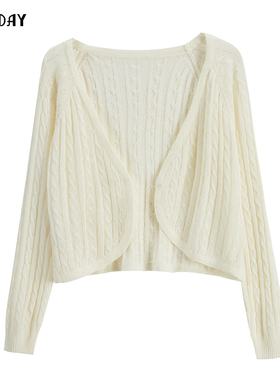 highday轩日2024春夏新款长袖V领针织毛衫女优雅简约白色开衫外套