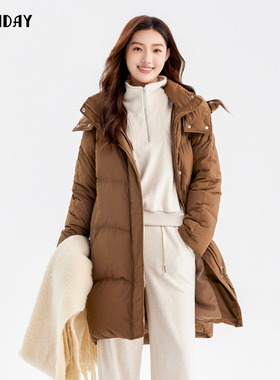 highday轩日2024冬季商场连帽休闲中长羽绒服女保暖90白鸭绒外套