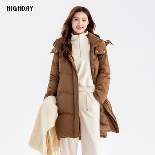 highday轩日2024冬季 商场连帽休闲中长羽绒服女保暖90白鸭绒外套