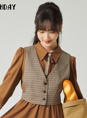 highday轩日2023春季新款V领格纹单排扣马夹短款外套LT01CE31033