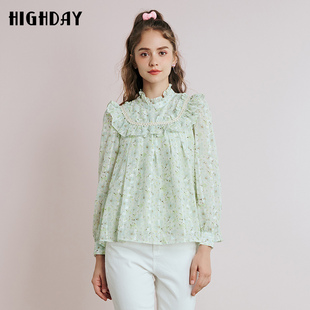 highday轩日春季复古宫廷长袖娃娃衫女立领木耳边碎花宽松衬衣ins