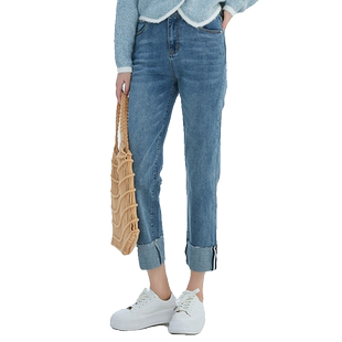 轩日2024春秋新款高腰牛仔裤女商场同款磨白翻边休闲直筒裤子chic