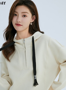 highday轩日2024连帽上衣女学院风短款落肩宽松拉链休闲长袖卫衣