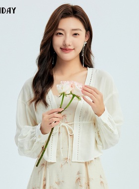 highday轩日2024夏季新款宽松白色小衫女长袖商场同款镂空短外套