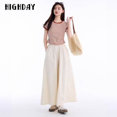 HIGHDAY轩日2026夏新款米白棉纶混纺阔腿长裤女宽松版型阔腿直筒