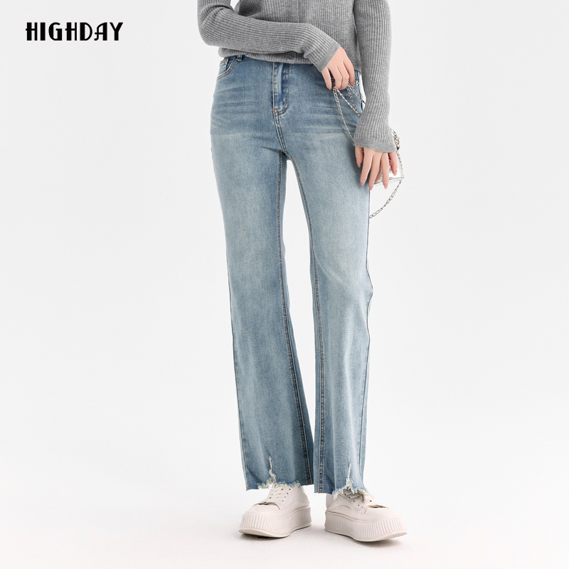 轩日微喇叭毛边牛仔裤