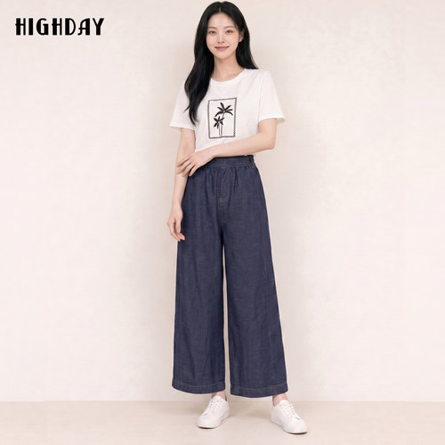 highday轩日26夏垂感复古阔腿长裤丹宁深蓝宽松显瘦松紧腰直筒裤