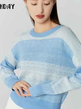 highday轩日商场2025春秋新款慵懒风蓝色系落肩宽松条纹针织毛衫