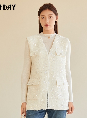 highday轩日2024早春新款V领小香风开衫女无袖外套设计感亮片马夹