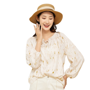 highday轩日女装商场同款2026春季新款印花衬衣女木耳边系带上衣