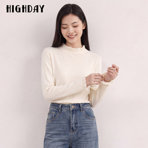 HIGHDAY轩日木耳边半高领针织打底衫2026秋温柔风荷叶边长袖毛衣