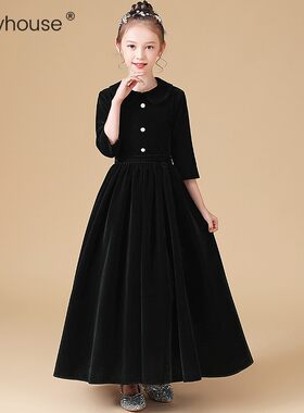 女童黑色晚礼服管乐团演奏服优雅