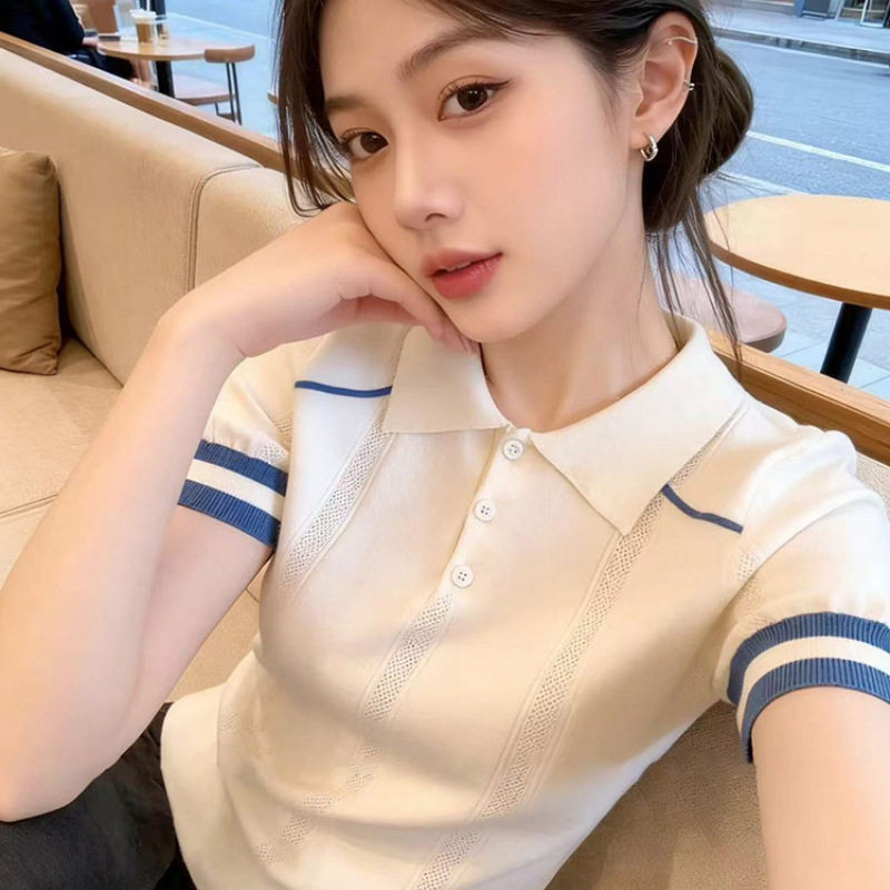 LDTJ高定 春miu系学院风镂空轻薄显瘦蓝白撞色POLO衫针织短袖女图片