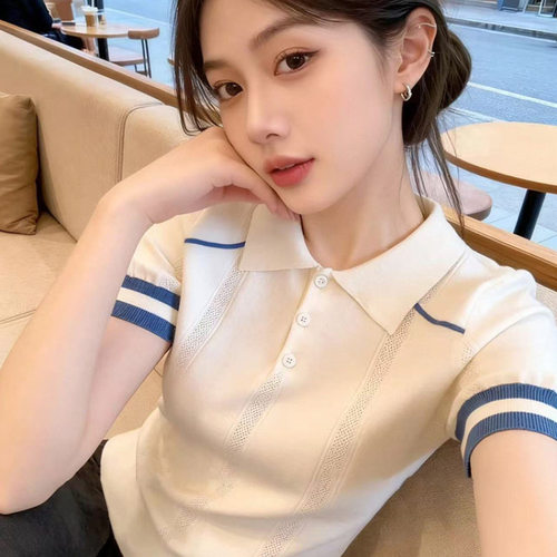 LDTJ高定 春miu系学院风镂空轻薄显瘦蓝白撞色POLO衫针织短袖女