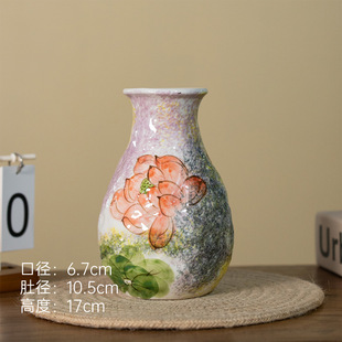 393,094新中式手绘莲陶瓷花瓶摆件客厅插花仿真花餐桌玄关装饰品