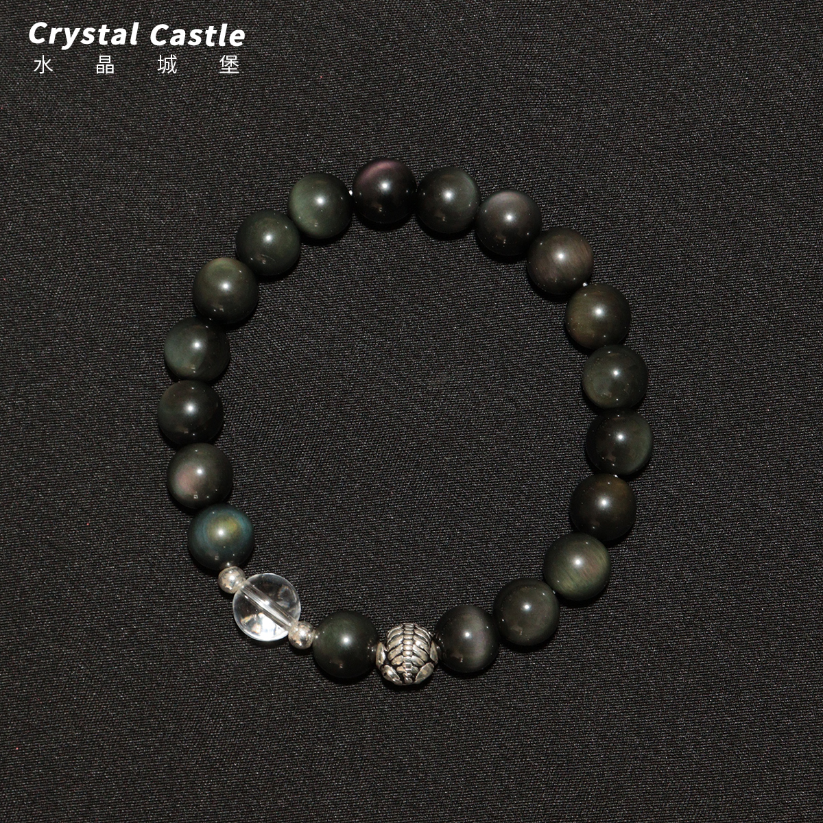 CrystalC黑曜石白水晶貔貅手链