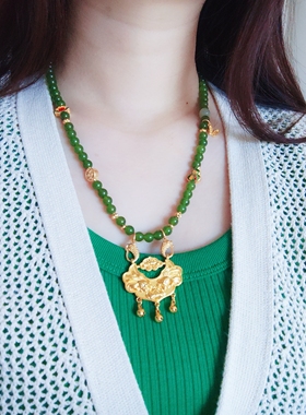 新中式碧玉色玉髓项链古法沙金锦鲤平安锁显白串珠饰品锁骨链配饰